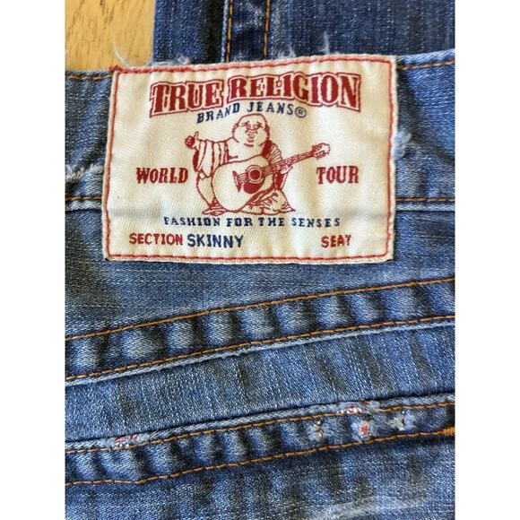 True Religion Skinny Flap Orange Stitch Jeans Mens 33 X 33 Red Distressed Thrash - Picture 8 of 16